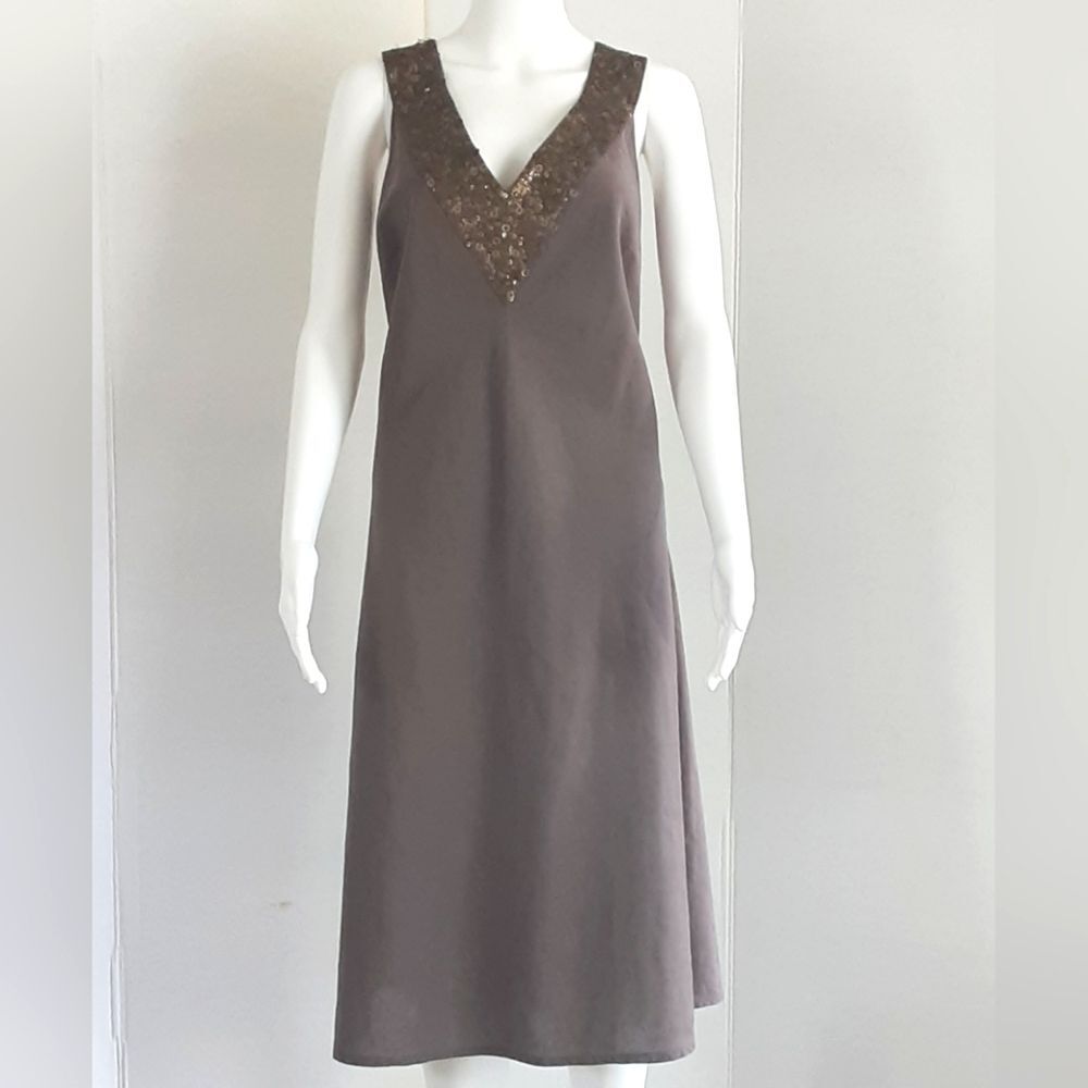 SPIEGEL Linen Blend Sleeveless Embellished V-Neck Midi Dress Sz 16